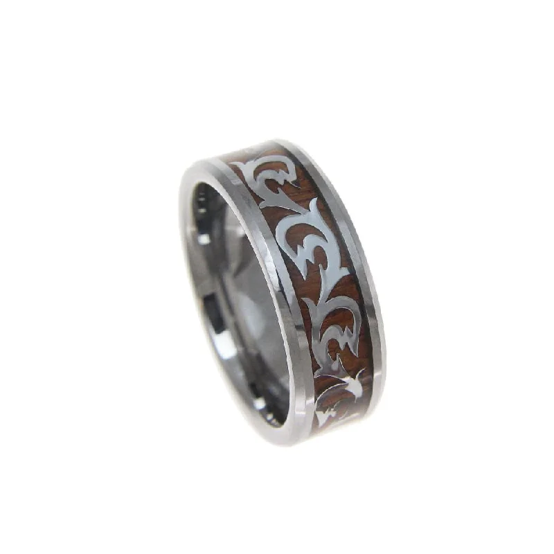 women’s luxury wedding rings -Men's Tungsten Carbide Ring With Real Hawaiian Koa Wood Inlay Shiny Scroll - 8mm