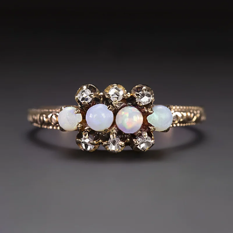 women’s birthstone gemstone rings -ART NOUVEAU OPAL DIAMOND COCKTAIL RING 14k YELLOW GOLD ANTIQUE CLUSTER ROSE CUT