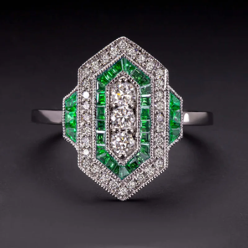 women’s simple wedding rings -DIAMOND EMERALD VINTAGE STYLE RING ART DECO GEOMETRIC COCKTAIL ANTIQUE NATURAL