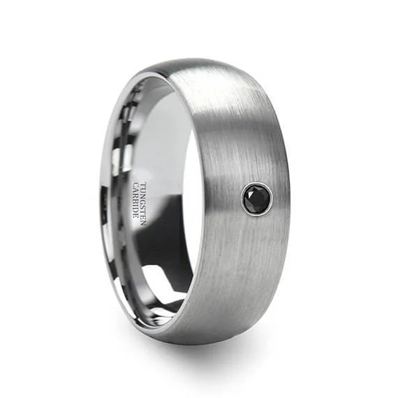 women’s infinity wedding bands -Domed Brushed Tungsten Carbide Ring with Black Diamond Setting Center 6mm & 8mm