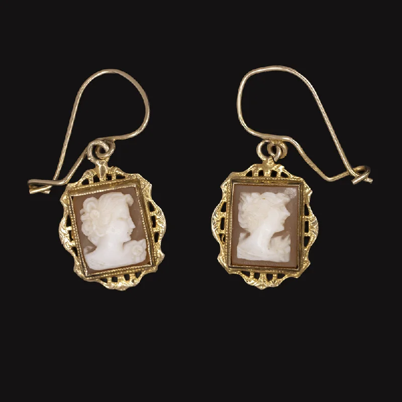 women’s custom engraved rings -VINTAGE CAMEO EARRINGS 14k YELLOW GOLD DROP DANGLE PORTRAIT PROFILE ESTATE