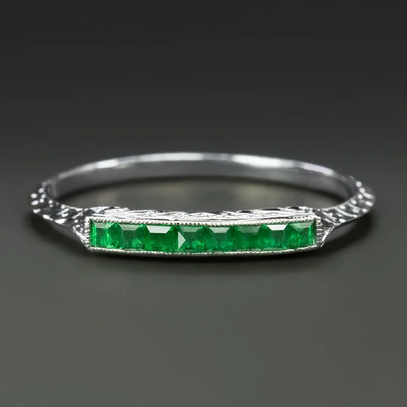 men’s and women’s matching rings -VINTAGE STYLE NATURAL EMERALD WEDDING RING 14k WHITE GOLD STACKING BAND ENGRAVED