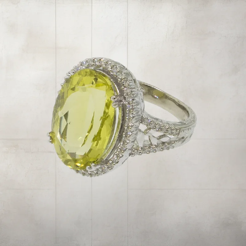 women’s elegant engagement rings -Pre-Owned 14K White Gold Lemon Quartz & Diamond Ring 11CT, Size 6-3/8, 6 DWT