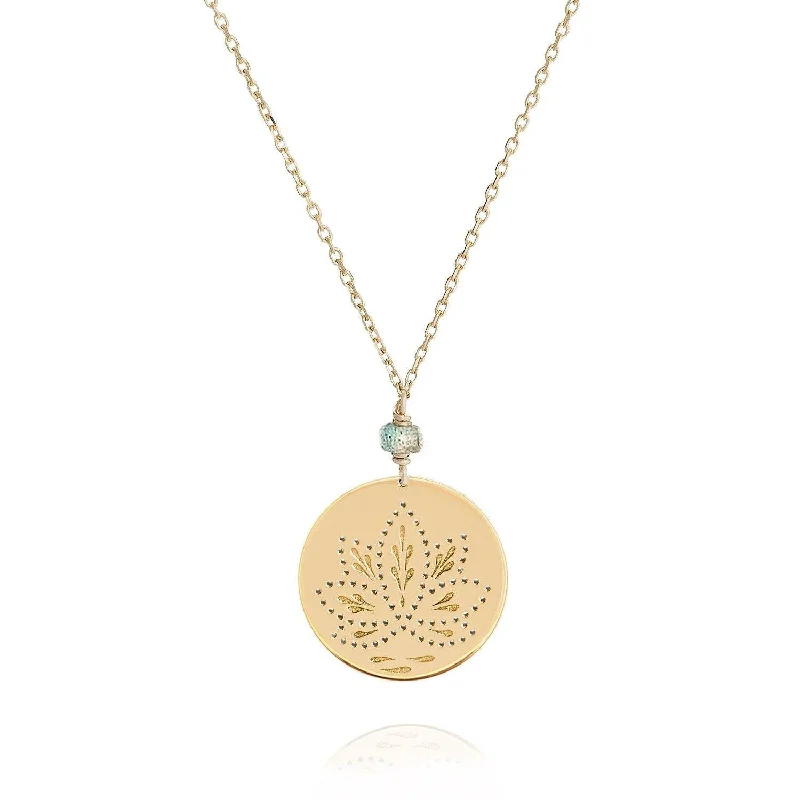 women’s simple necklaces -Large Lotus Medal 18ct Gold Labradorite