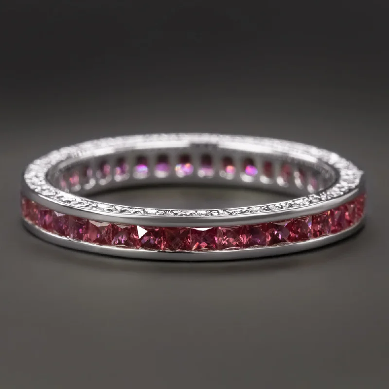 women’s engraved rings -ART DECO STYLE RUBY ETERNITY RING WEDDING BAND 14k WHITE GOLD FRENCH CUT NATURAL