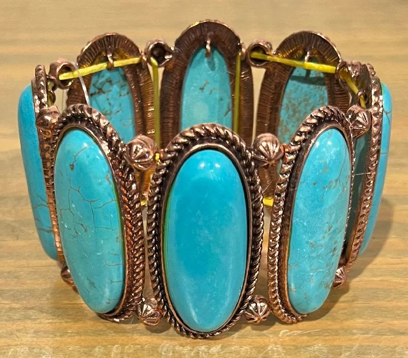 women’s engraved bangles -Long Oval Turquoise/Copper Stretch Bracelet