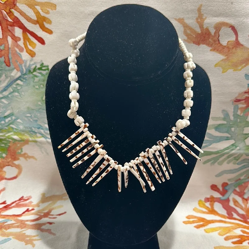 women’s thick necklaces -Vintage White and Brown Spiked Shell Necklace - Handmade Coastal Jewelry