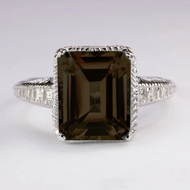 women’s elegant diamond rings -SMOKY QUARTZ VINTAGE STYLE RING STERLING SILVER ART DECO EMERALD CUT ENGRAVED