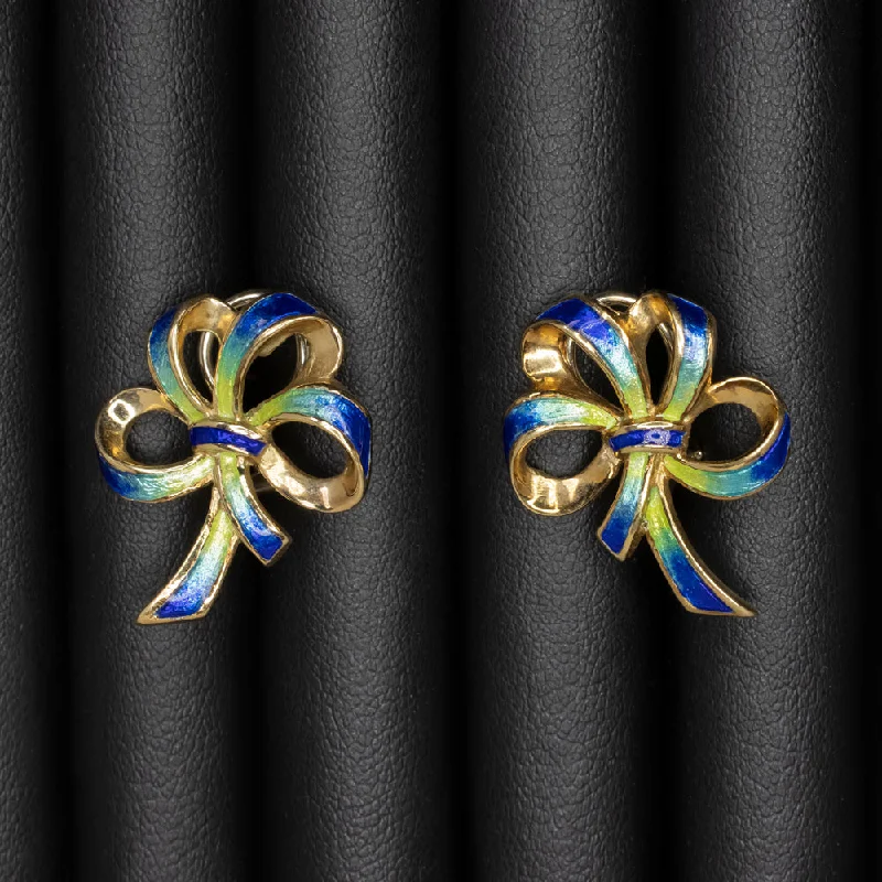 women’s crystal rings -VINTAGE ENAMEL 14k YELLOW GOLD BOW STUD EARRINGS 12.7 GRAM RIBBON GREEN BLUE