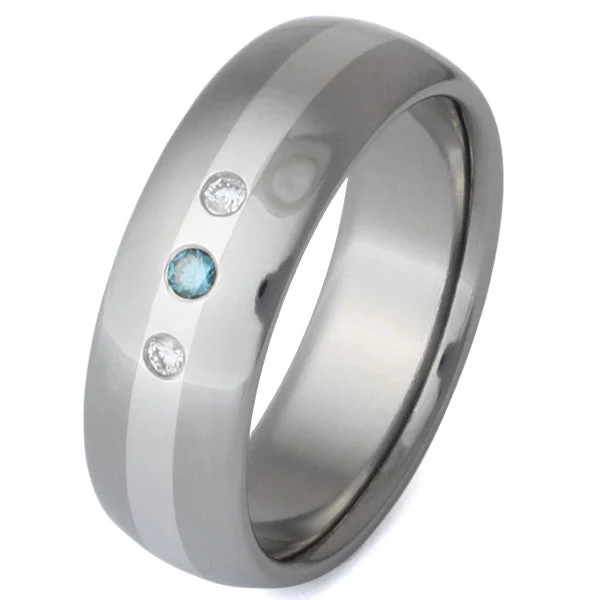 women’s split shank engagement rings -Titanium Blue and White Diamond Ring with Platinum Inlay s3