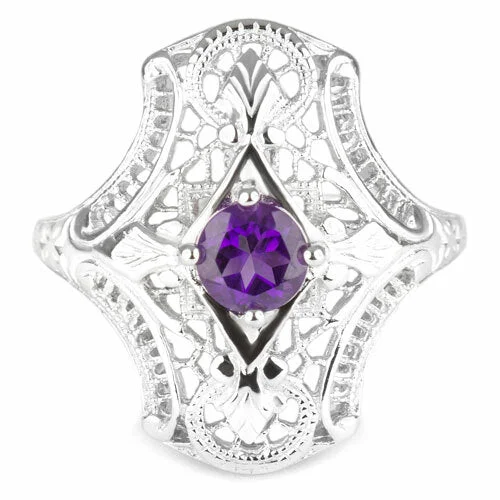 women’s chunky rings -AMETHYST STERLING SILVER VINTAGE STYLE COCKTAIL RING ART DECO FILIGREE PURPLE