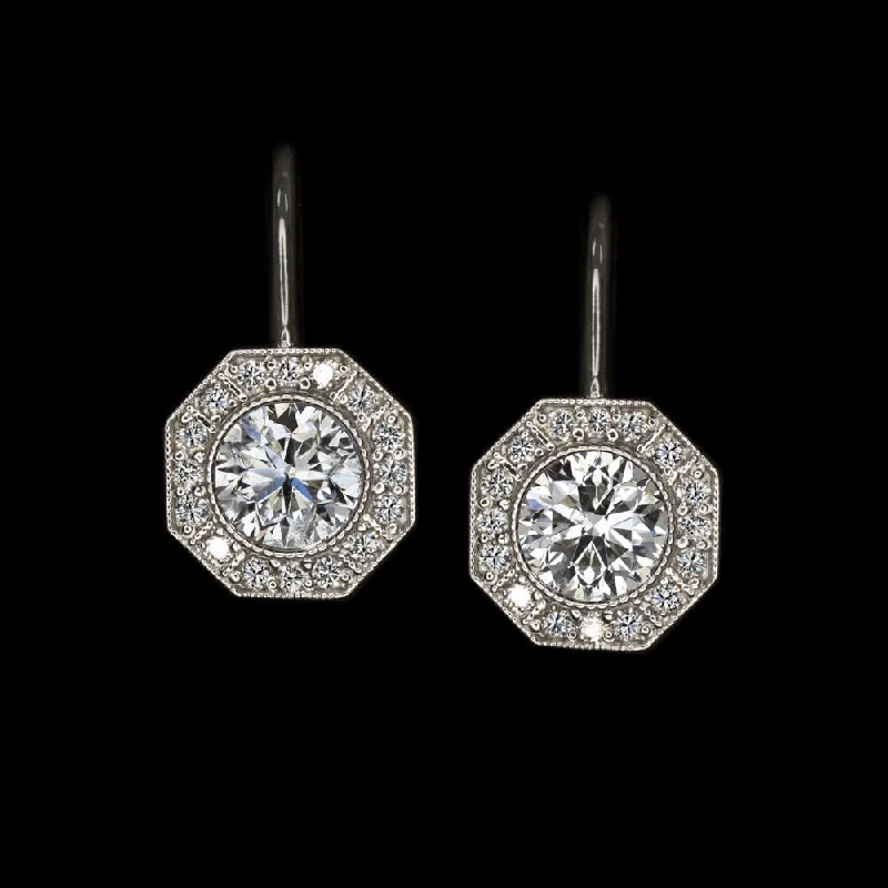 vintage engagement rings for women -VINTAGE STYLE DIAMOND DROP EARRINGS 1.90ct NATURAL HALO DANGLE WHITE GOLD ROUND