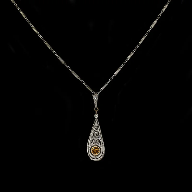 women’s silver promise rings -ART NOUVEAU DIAMOND NECKLACE ANTIQUE WHITE GOLD FANCY ORANGE NATURAL PENDANT