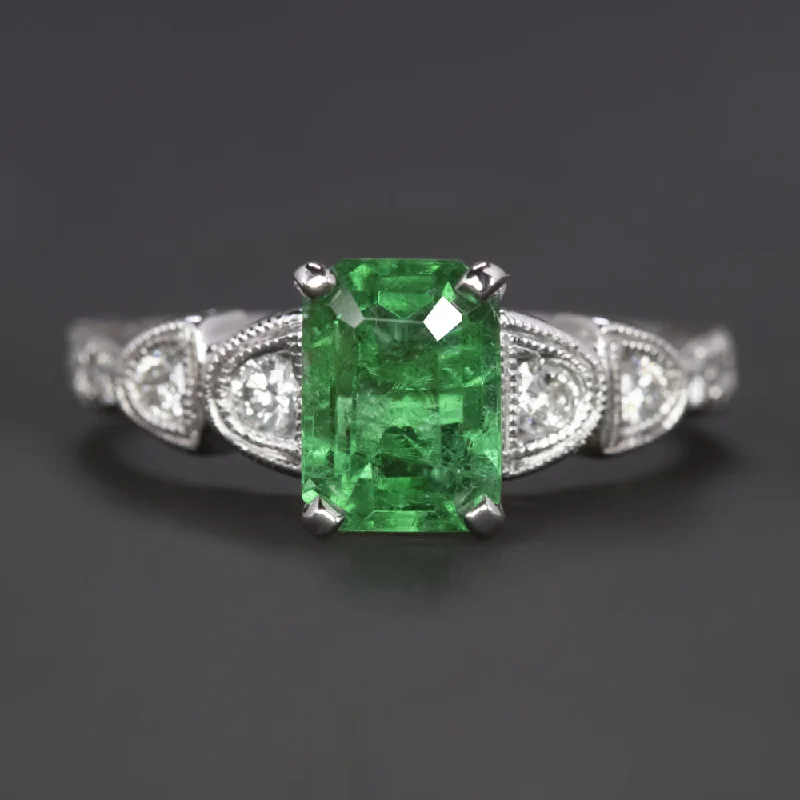 women’s promise rings -1.12ct EMERALD DIAMOND COCKTAIL RING WHITE GOLD VINTAGE STYLE NATURAL ART DECO