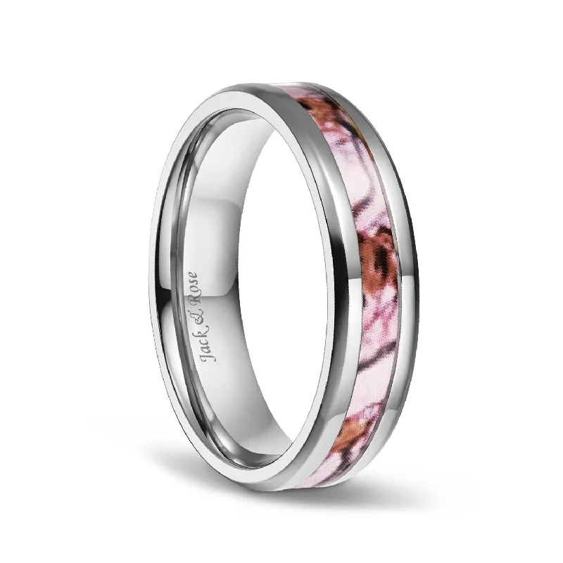 women’s silver solitaire engagement rings -Pink Camo Wedding Rings Titanium Flat for Women 6mm 8mm