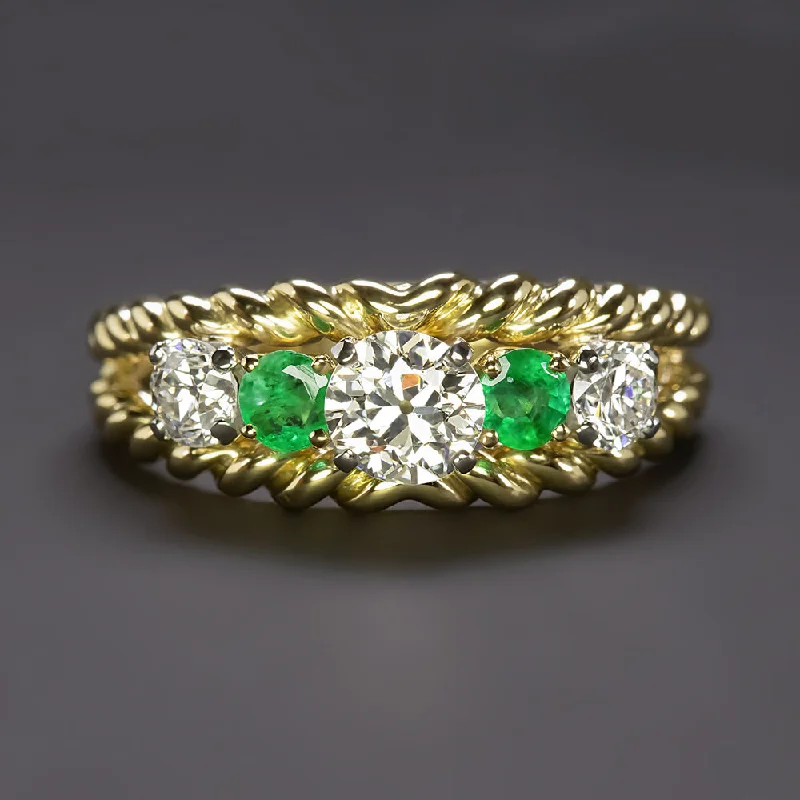 men’s and women’s matching rings -1.40ct VINTAGE DIAMOND EMERALD COCKTAIL RING 18k YELLOW GOLD OLD CUT MID CENTURY