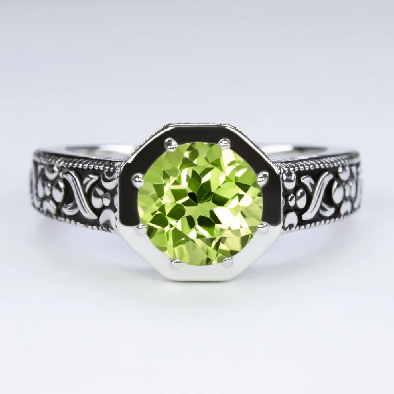 women’s crystal rings -PERIDOT STERLING SILVER RING VINTAGE STYLE ROUND CUT ART DECO GREEN GEMSTONE