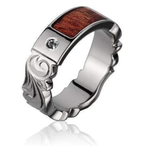 classic engagement rings for women -Altair Titanium Scroll Diamond Wedding Band Genuine Hawaiian Koa Wood - 6mm