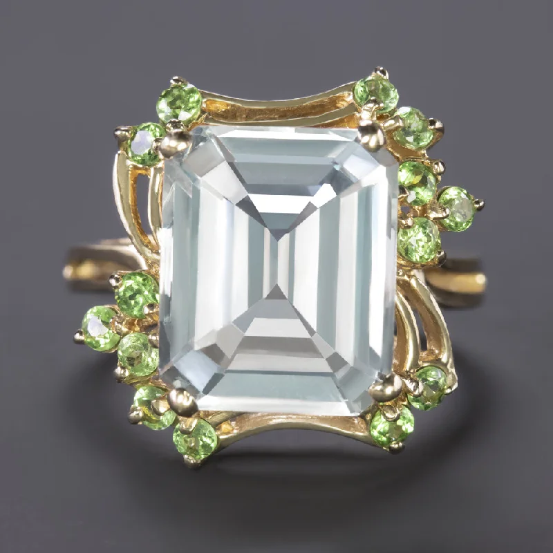 women’s vintage wedding rings -6ct VINTAGE AQUAMARINE TSAVORITE COCKTAIL RING RETRO 14k YELLOW GOLD EMERALD CUT