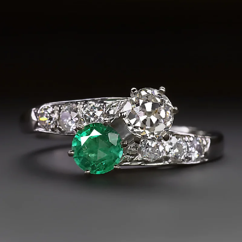 women’s adjustable stacking rings -VINTAGE DIAMOND EMERALD TOI ET MOI RING OLD MINE CUT PLATINUM ENGAGEMENT 1.5ct