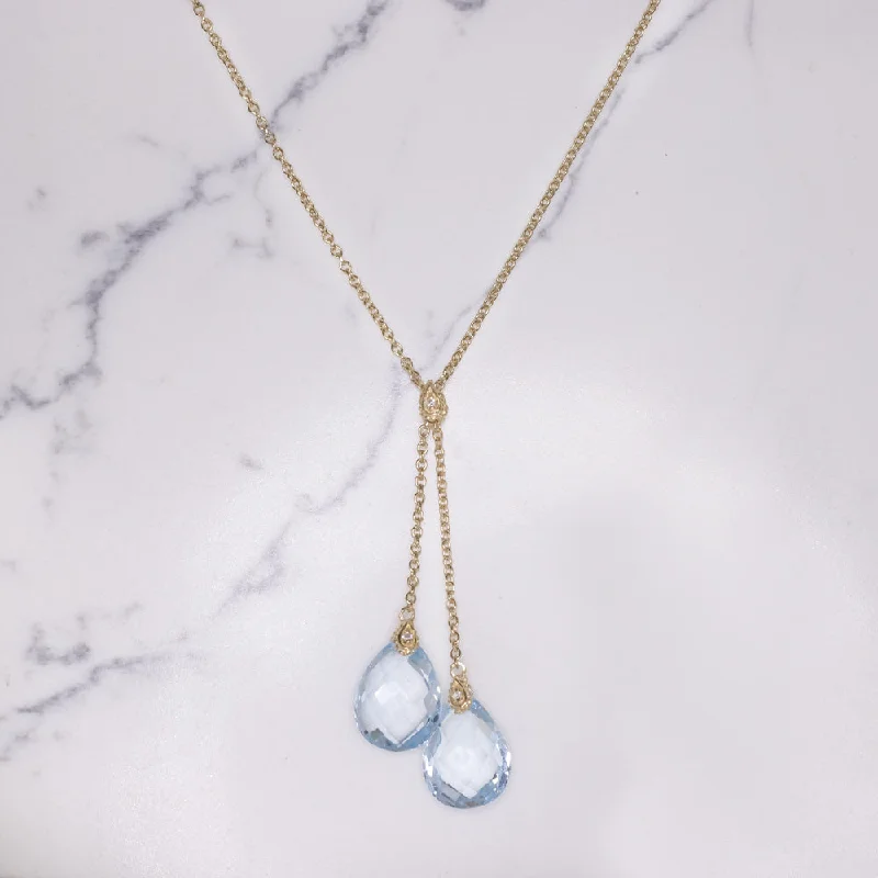 women’s colorful gemstone rings -BLUE TOPAZ 14k YELLOW GOLD LARIAT NECKLACE NATURAL TEARDROP PEAR SHAPE DROP 27ct