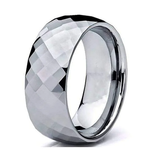 women’s silver rings with gemstones -Mens Domed Carbide Tungsten Wedding Ring Diamond Faceted - 8mm