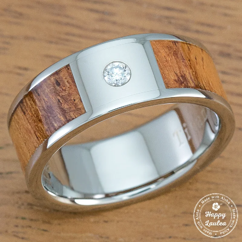 women’s custom-designed diamond engagement rings -Titanium Diamond Ring with Hawaiian Koa Wood Inlay - 8mm, Flat Shape, Standard Fitment