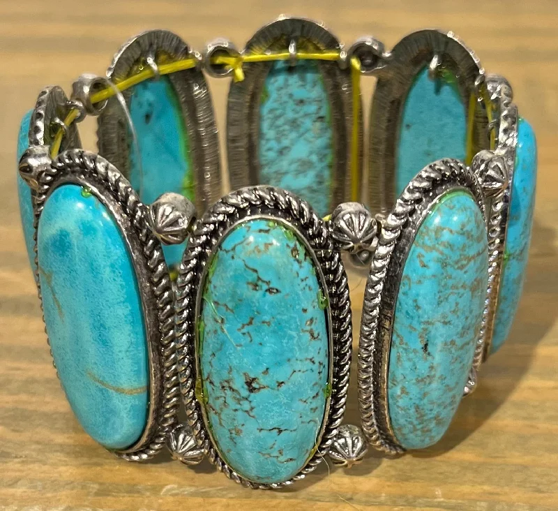 chic bracelets for women -Long Oval Turquoise/Silver Stretch Bracelet