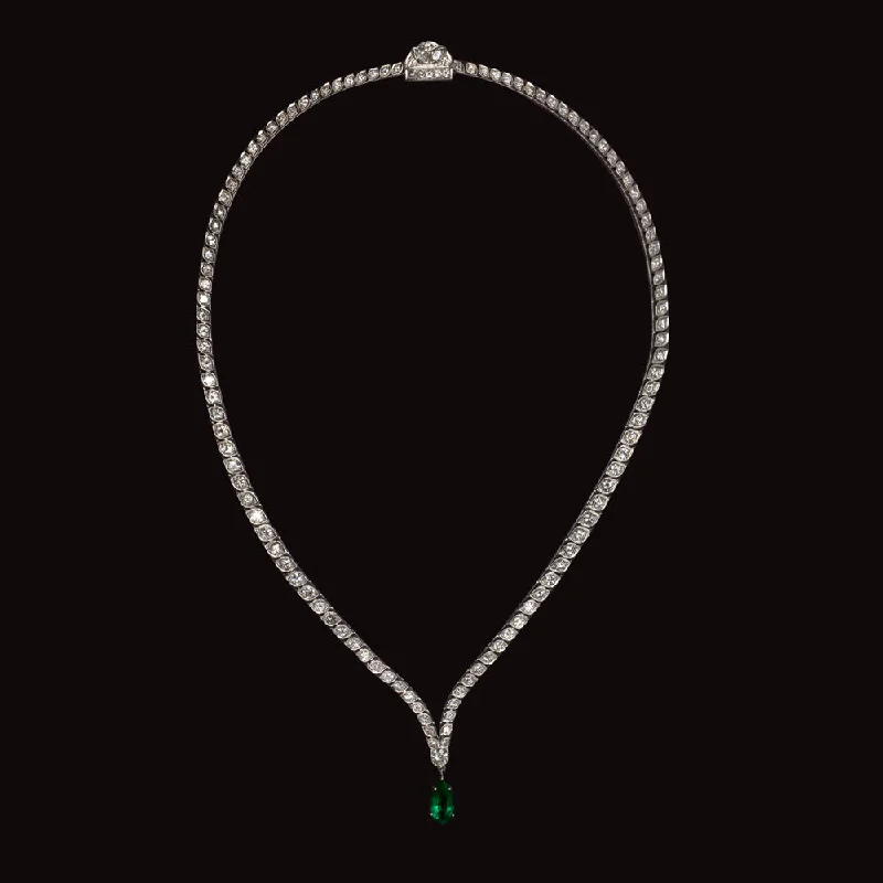 women’s luxury rings with diamonds -CHATHAM EMERALD 6.75ct NATURAL DIAMOND NECKLACE PLATINUM 39.4 gram RIVIERE DROP