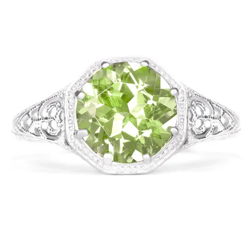 gold rings for women -PERIDOT STERLING SILVER VINTAGE STYLE SOLITAIRE RING ART DECO FILIGREE GREEN GEM