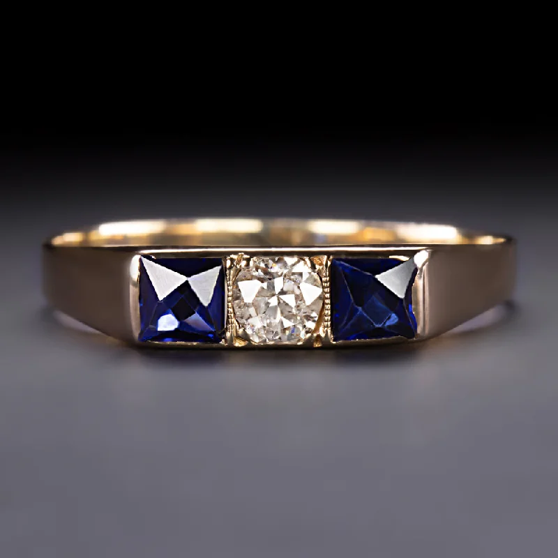 women’s adjustable gemstone rings -VINTAGE DIAMOND SAPPHIRE COCKTAIL RING OLD CUT 14k YELLOW GOLD ESTATE 3 STONE