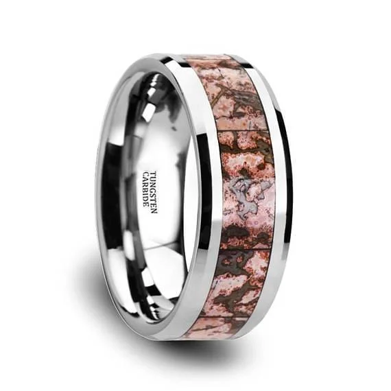 women’s platinum rings -Tungsten Dinosaur Bone Wedding Ring Pink Dinosaur Bone Inlay Beveled Edges 4mm & 8mm