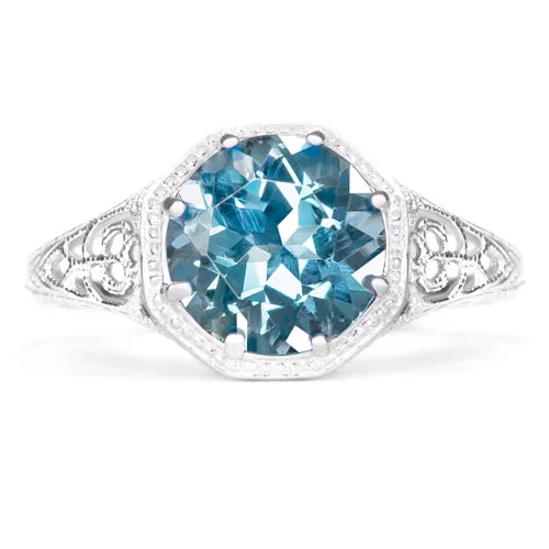 women’s promise rings -SWISS BLUE TOPAZ STERLING SILVER VINTAGE STYLE SOLITAIRE RING ART DECO FILIGREE