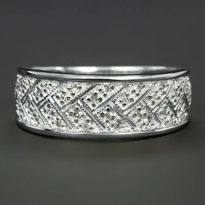 wedding rings with diamonds -VINTAGE DIAMOND WIDE BAND RING HERRINGBONE MILGRAIN WHITE GOLD ESTATE NATURAL