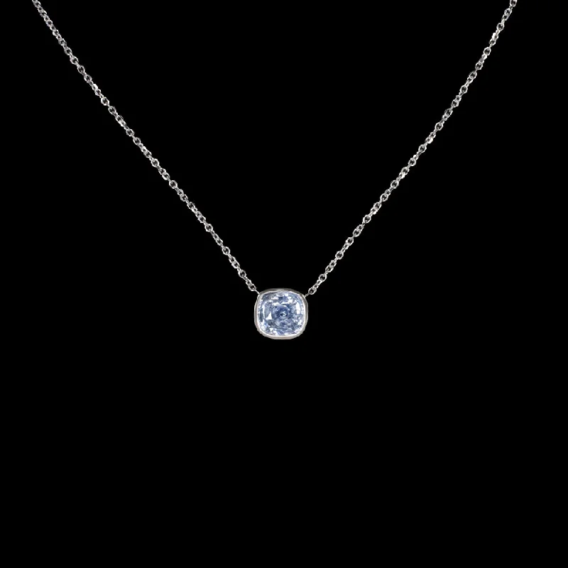 women’s stackable gold rings -LIGHT BLUE SAPPHIRE PENDANT NECKLACE CUSHION SHAPE BEZEL 14k WHITE GOLD 1.5ct