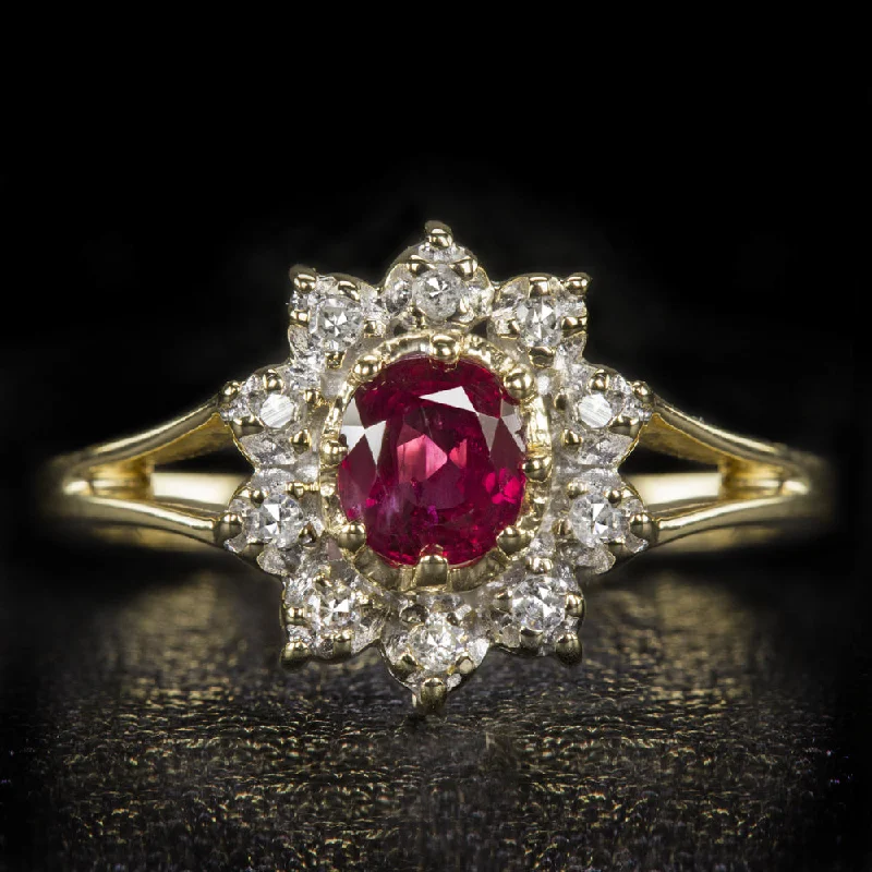 women’s luxury rings with diamonds -VINTAGE RUBY DIAMOND COCKTAIL RING OVAL HALO 14k YELLOW GOLD NATURAL ESTATE