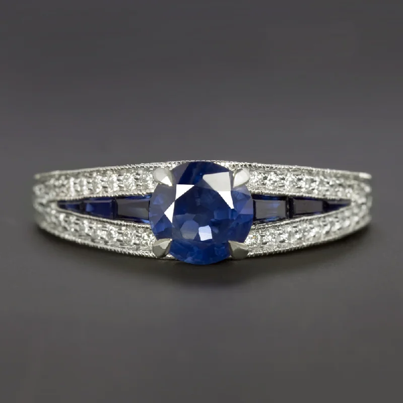 wedding rings with diamonds -SAPPHIRE DIAMOND COCKTAIL RING 14k WHITE GOLD NATURAL ENGAGEMENT ROUND CALIBRE