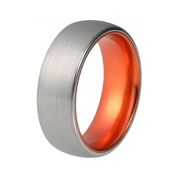 women’s chunky rings -Mens Silver Tungsten Wedding Band Atomic Orange Ring Brushed Finish 4mm - 10mm