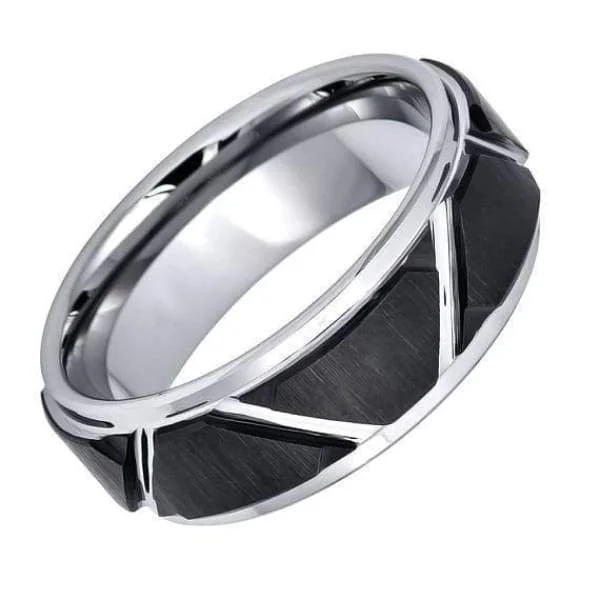 women’s engraved rings -Two-Tone Carbide Tungsten Wedding Ring Brushed Black IP Trapezoids & High Polished Outlines - 8mm