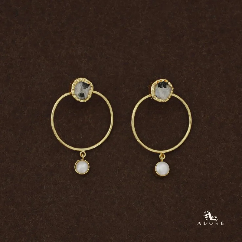 women’s bold earrings -Golden Raw Stone Pearly Hoop Earring