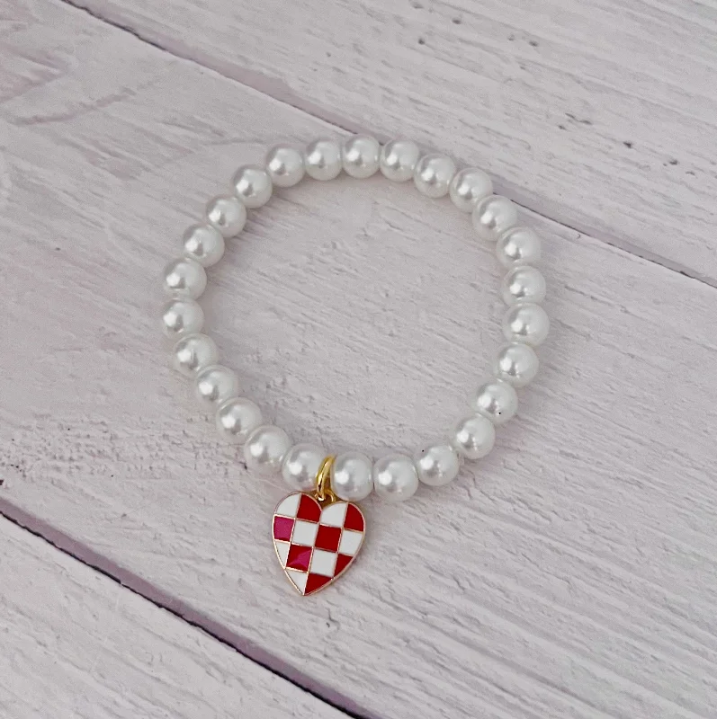 vintage bangles for women -Red Checker Heart Bracelet