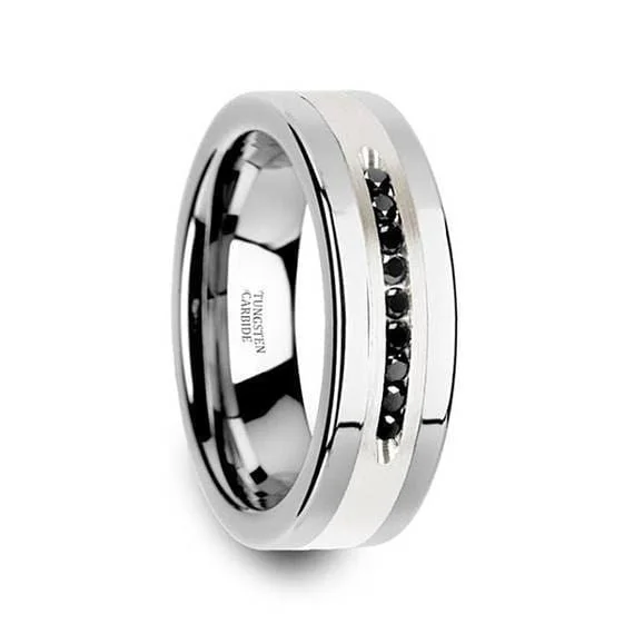 women’s cocktail rings -Men's Tungsten Wedding Band with 9 Channel Set Black Diamonds Silver Inlay - 8mm