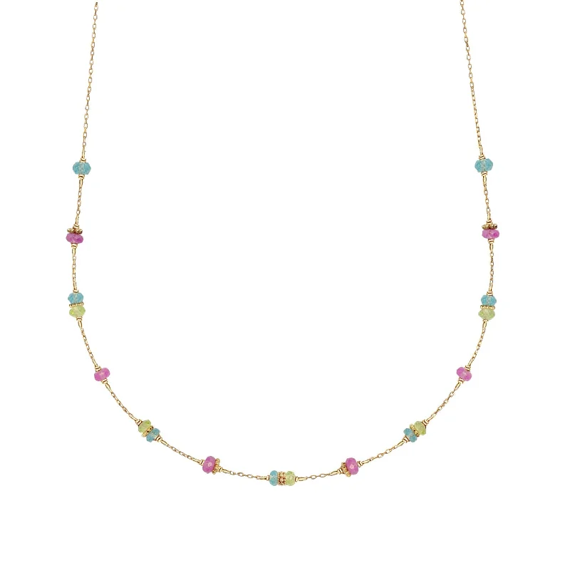 women’s ruby necklaces -Satellite Boho Choker Necklace 18 Gemstones Apatite, Pink Sapphire and Peridot - 18k Gold - Limited Edition