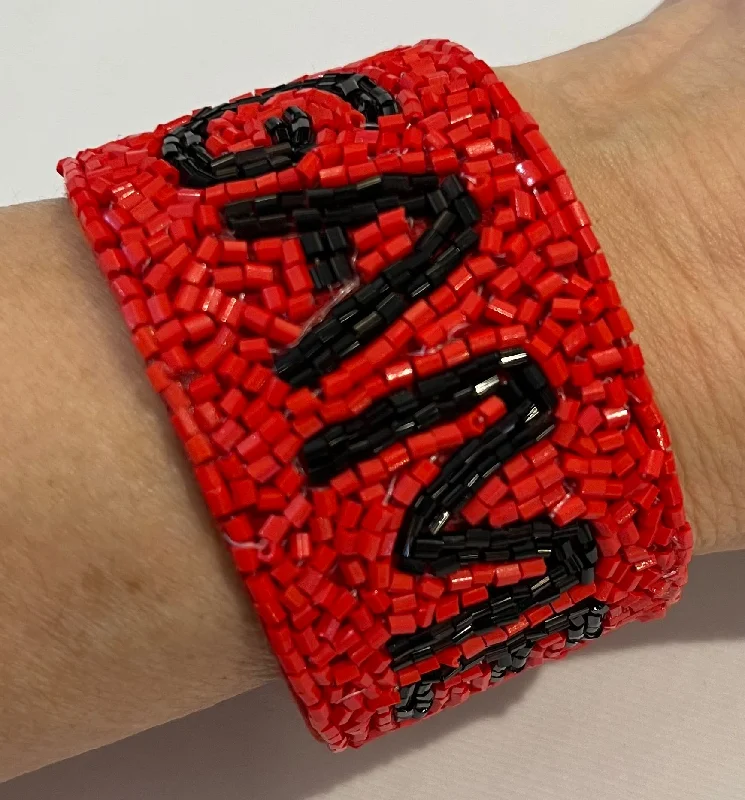 vintage-inspired bangles for women -Red & Black Game Day Beaded Cuff Bracelet