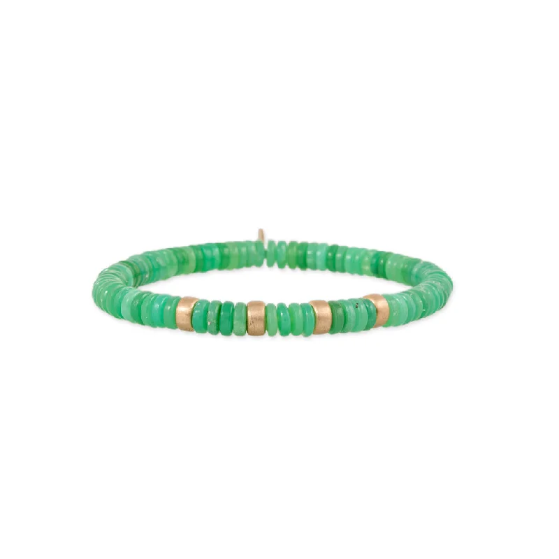 silver bangles for women -4 SPACED OUT GOLD BEADS + CHRYSOPRASE BEADED STRETCH BRACELET