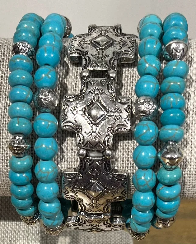 women’s gemstone bracelets -5 Strand Turquoise & Silver Cross Stretch Bracelet