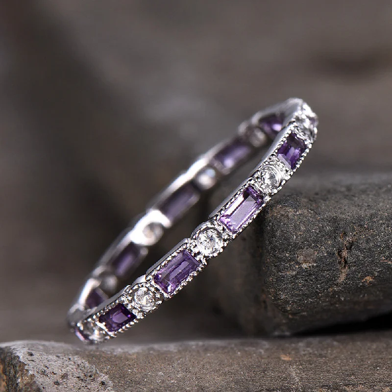 boho rings for women -Amethyst Wedding Ring Amethyst Ring Full Eternity Ring 925 Sterling silver White Gold Plated February Birthstone Ring Purple Gemstone