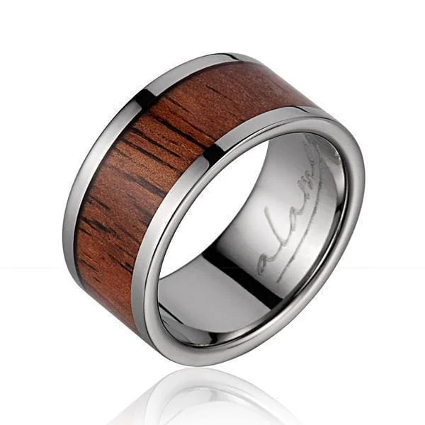 women’s silver promise rings -Armani Genuine Inlay Titanium Wedding Band Hawaiian Koa Wood - 10mm