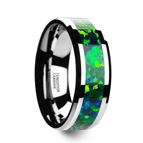 women’s gemstone rings -Tungsten Ring Emerald Green & Sapphire Blue Opal Inlay Beveled Edges 6mm & 8mm