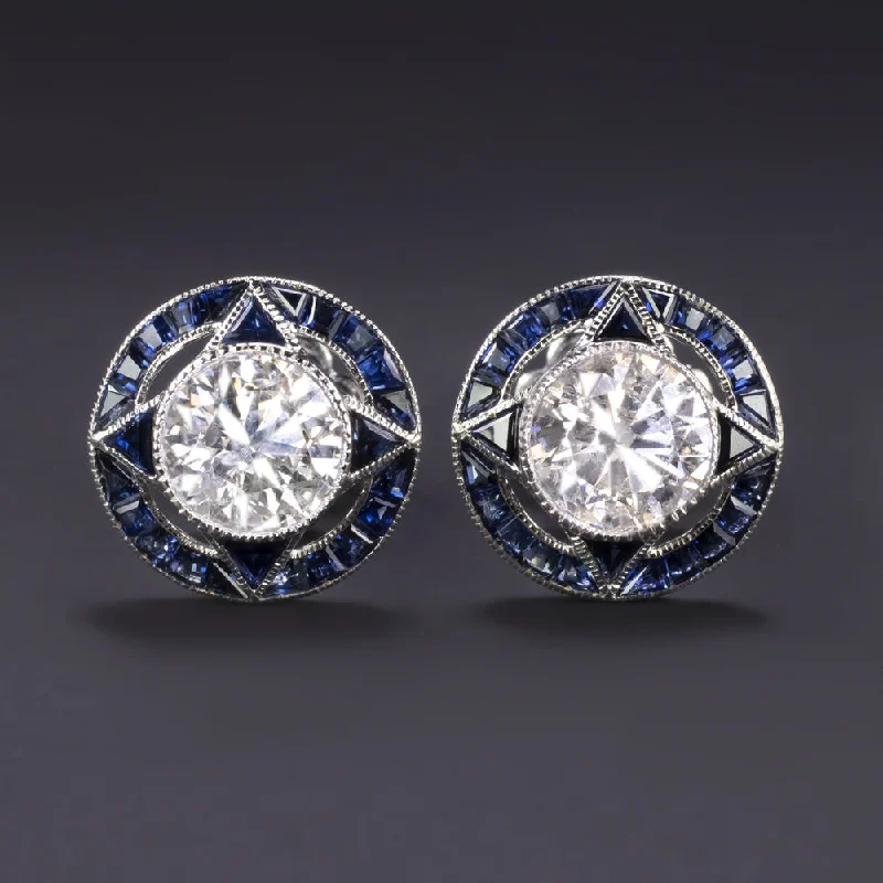 women’s gemstone stacking rings -1.40ct DIAMOND SAPPHIRE STUD EARRINGS VINTAGE STYLE TARGET CALIBRE NATURAL ROUND